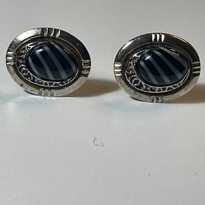 Silver Tone Cuff Links with Black and Gray Diagonal Stripes